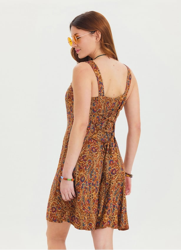 Thin Strap Button Detailed Short Mustard Ethnic Jumpsuit 4567